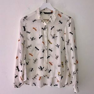 ZARA Dragonfly Print Cotton Tab Sleeve Size M